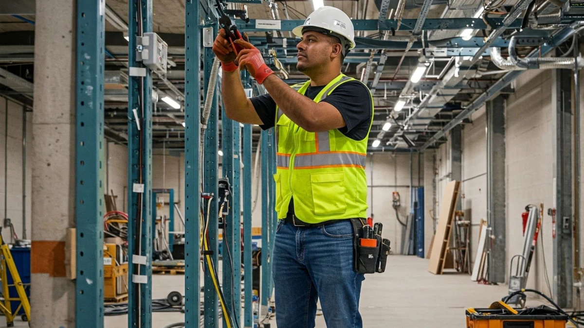 Electrician-Performing-Wiring-Work-on-a-Construction-Site